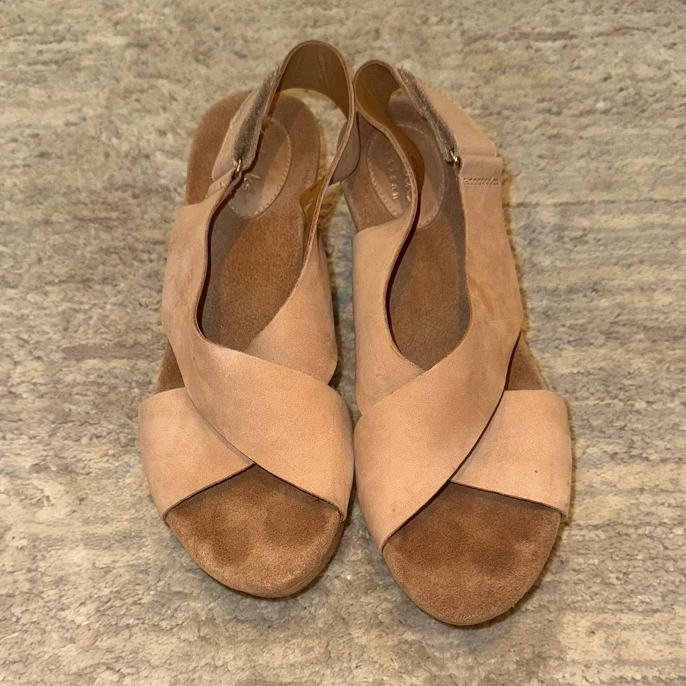 Clarks Beige Suede Cross-Strap Wedge Sandals